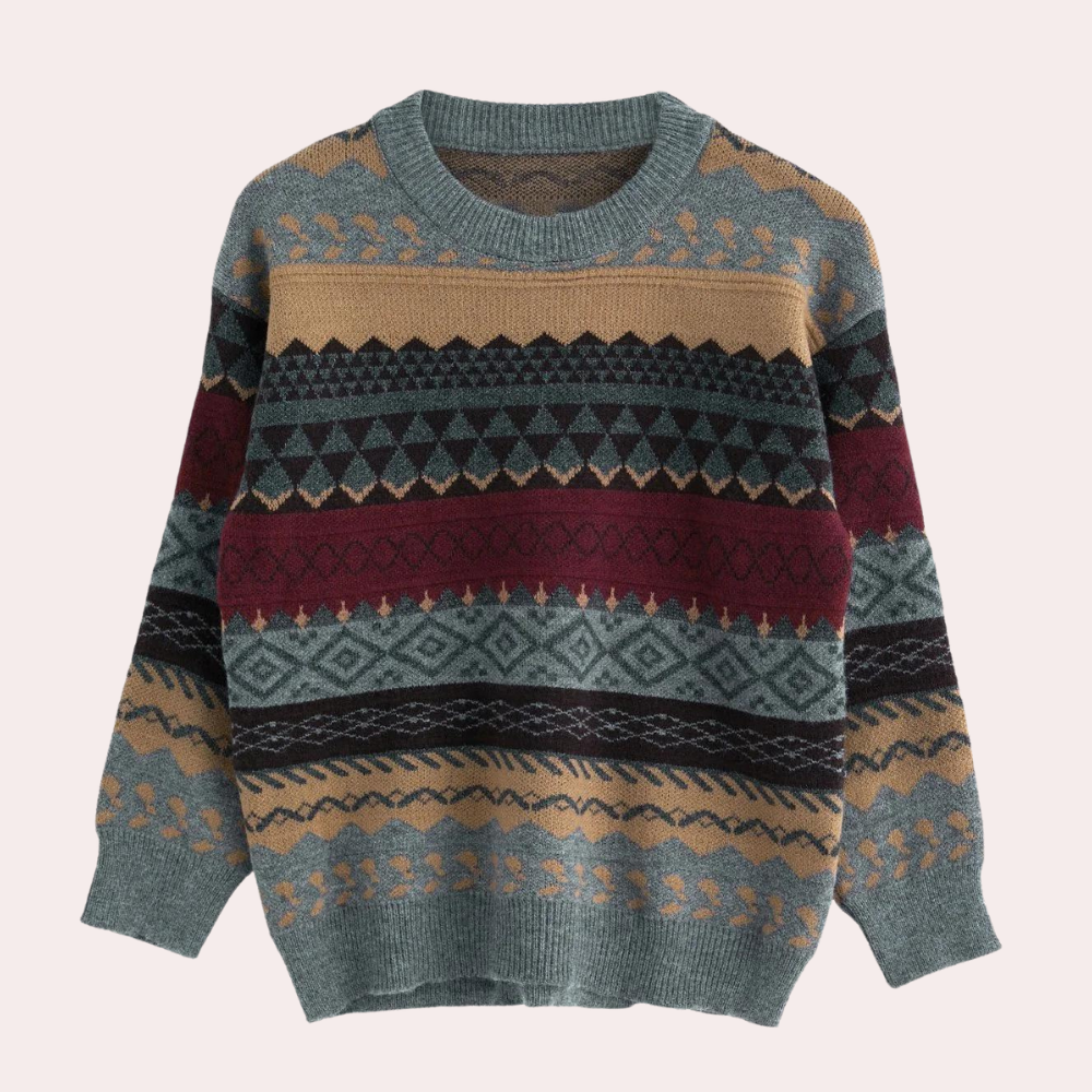 Grijze trui met kleurrijk geometrisch patroon, ronde hals en lange mouwen. Perfect voor herfstmode en winterstijl. Comfortabel en trendy ontwerp.