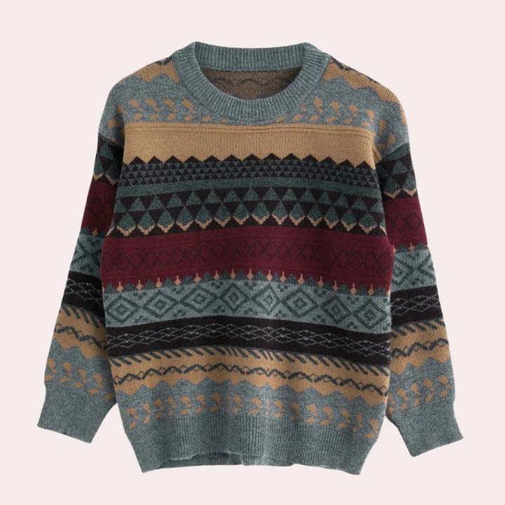 Grijze trui met kleurrijk geometrisch patroon, ronde hals en lange mouwen. Perfect voor herfstmode en winterstijl. Comfortabel en trendy ontwerp.