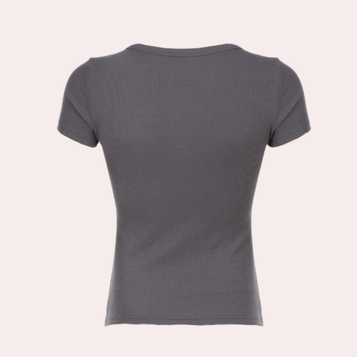 Grijs dames T-shirt met korte mouwen, ribstof, en ronde hals. Perfect voor casual outfits. Comfortabel en stijlvol design.