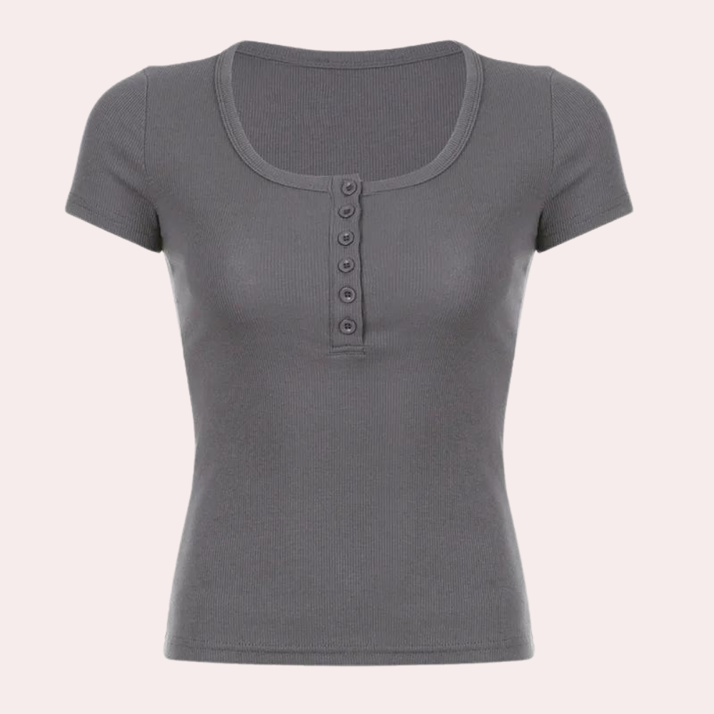 Grijs dames T-shirt met korte mouwen en knoopsluiting, ribstof, casual stijl, perfect voor dagelijks gebruik. Beschikbaar in diverse maten.