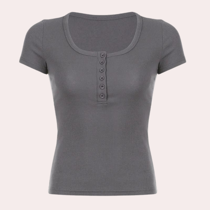 Grijs dames T-shirt met korte mouwen en knoopsluiting, ribstof, casual stijl, perfect voor dagelijks gebruik. Beschikbaar in diverse maten.