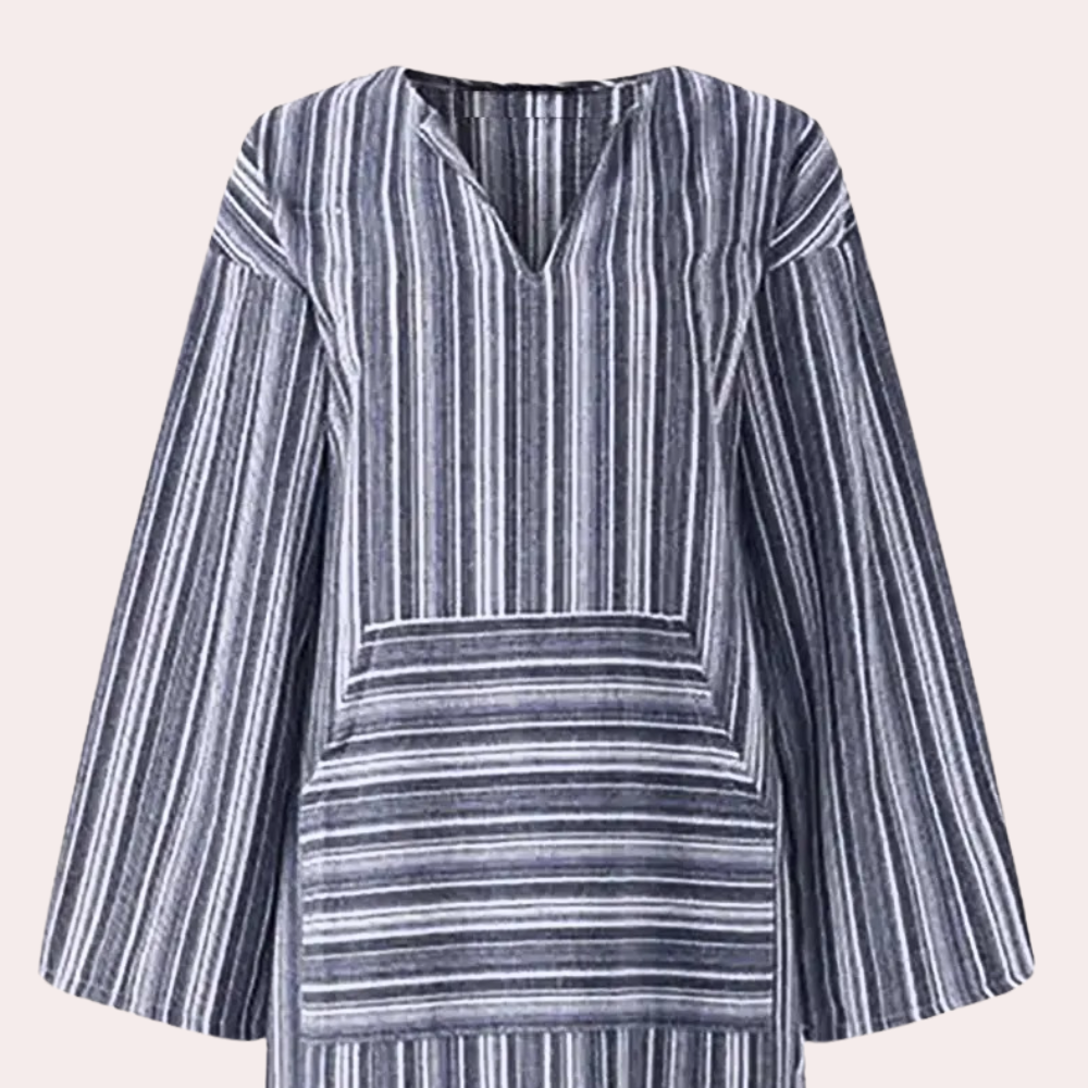 Grijs gestreepte tuniek met V-hals en lange mouwen, damesmode, casual stijl, comfortabele pasvorm, geschikt voor dagelijks gebruik.