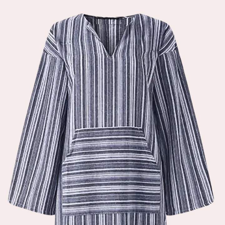 Grijs gestreepte tuniek met V-hals en lange mouwen, damesmode, casual stijl, comfortabele pasvorm, geschikt voor dagelijks gebruik.