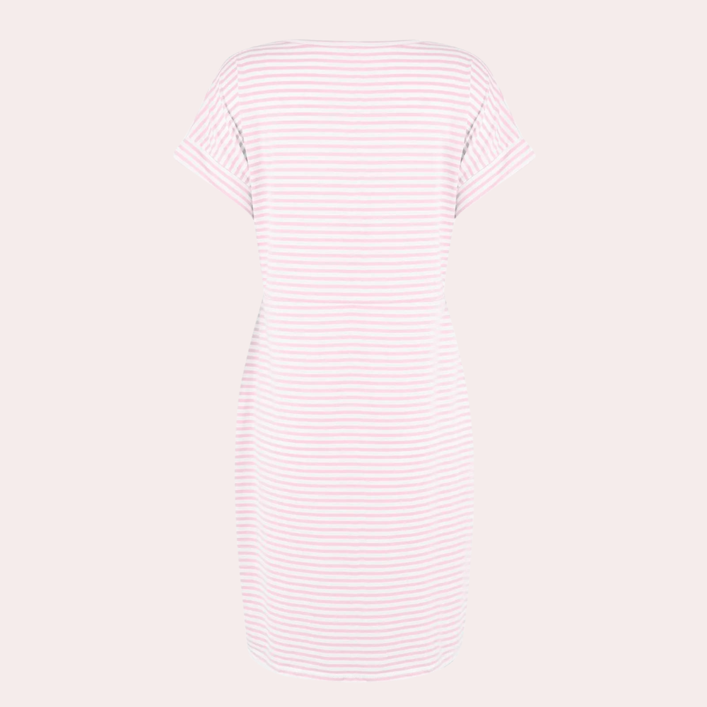 Roze-wit gestreepte damesjurk, korte mouwen, casual stijl, comfortabele pasvorm, perfect voor zomer, modieuze kleding, trendy design.