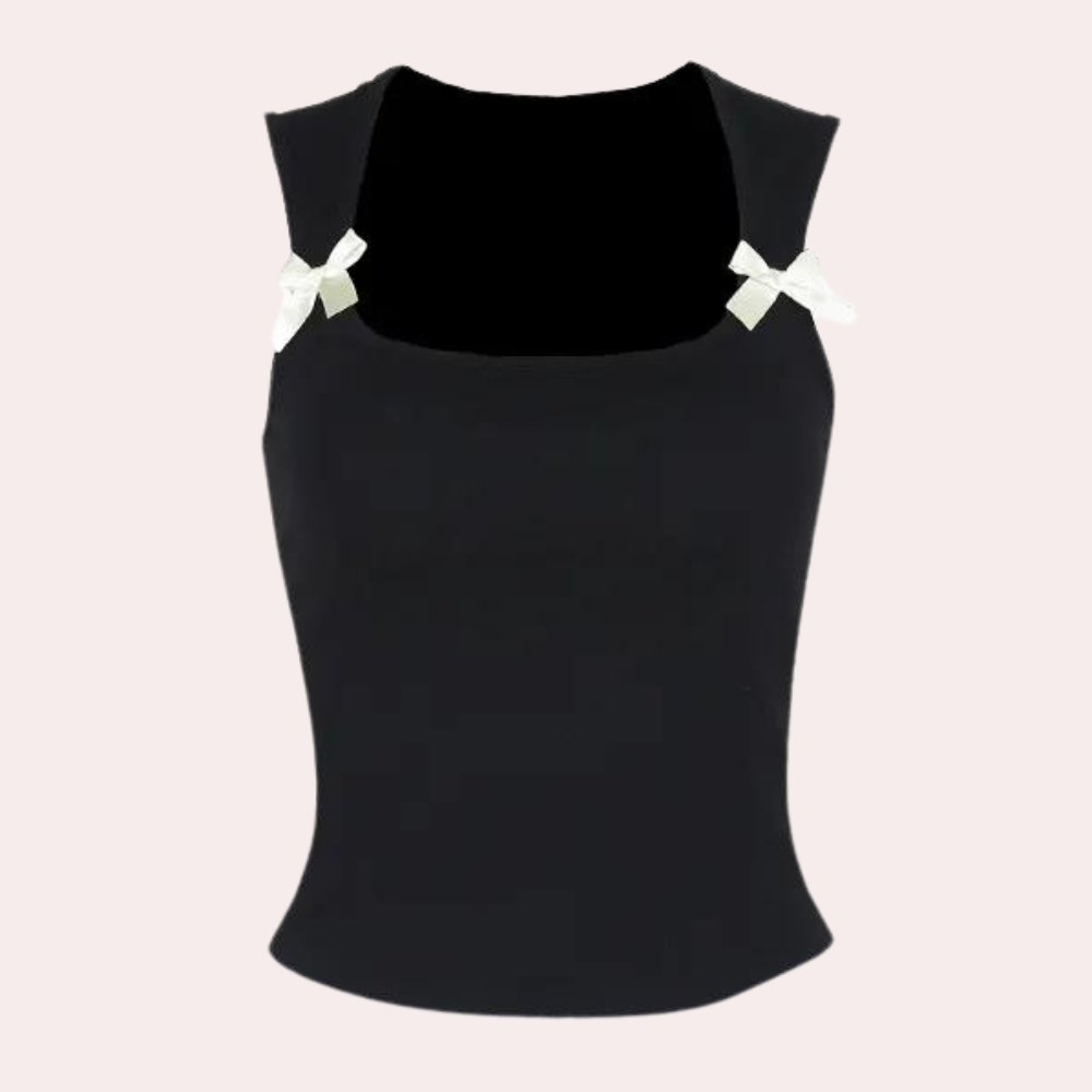 Zwarte dames tanktop met vierkante hals en witte strikjes, mouwloos, casual en elegant, perfect voor zomeroutfits en modieuze combinaties.
