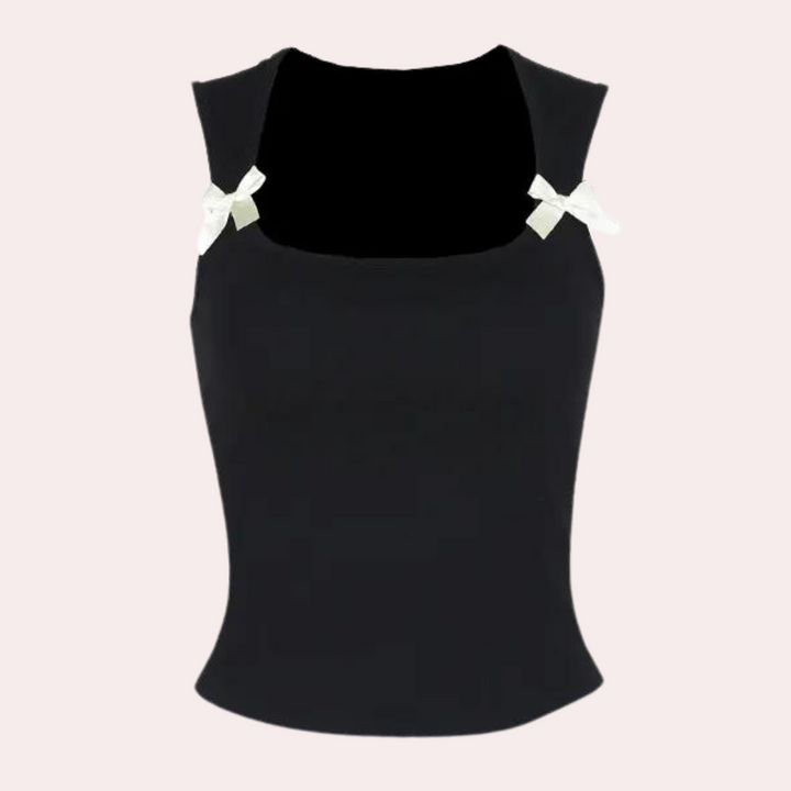 Zwarte dames tanktop met vierkante hals en witte strikjes, mouwloos, casual en elegant, perfect voor zomeroutfits en modieuze combinaties.