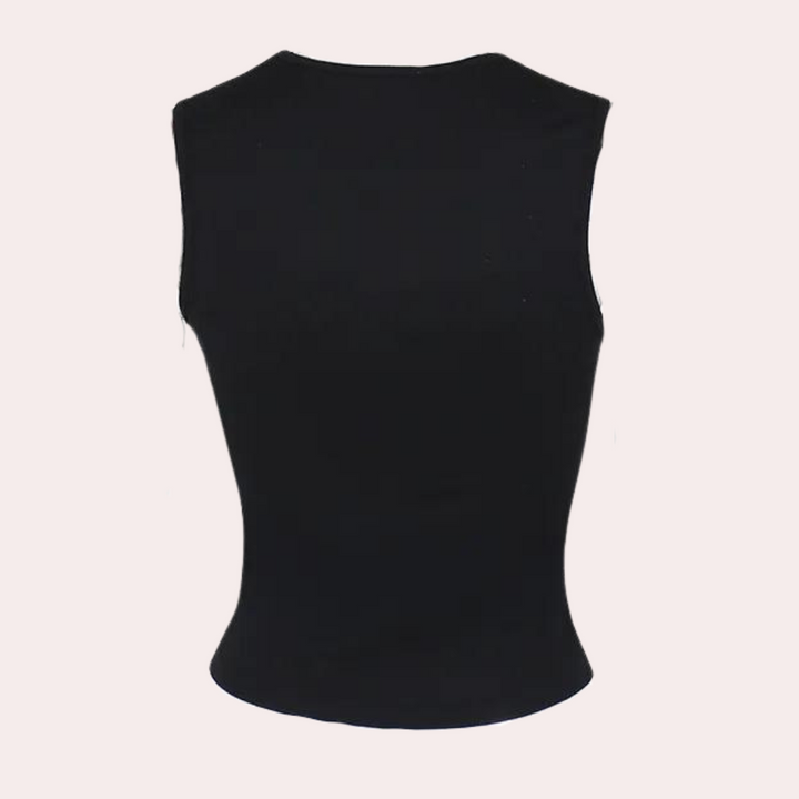 Zwarte mouwloze top voor dames, minimalistisch ontwerp, perfect voor casual en formele outfits. Comfortabele pasvorm, veelzijdig en stijlvol.