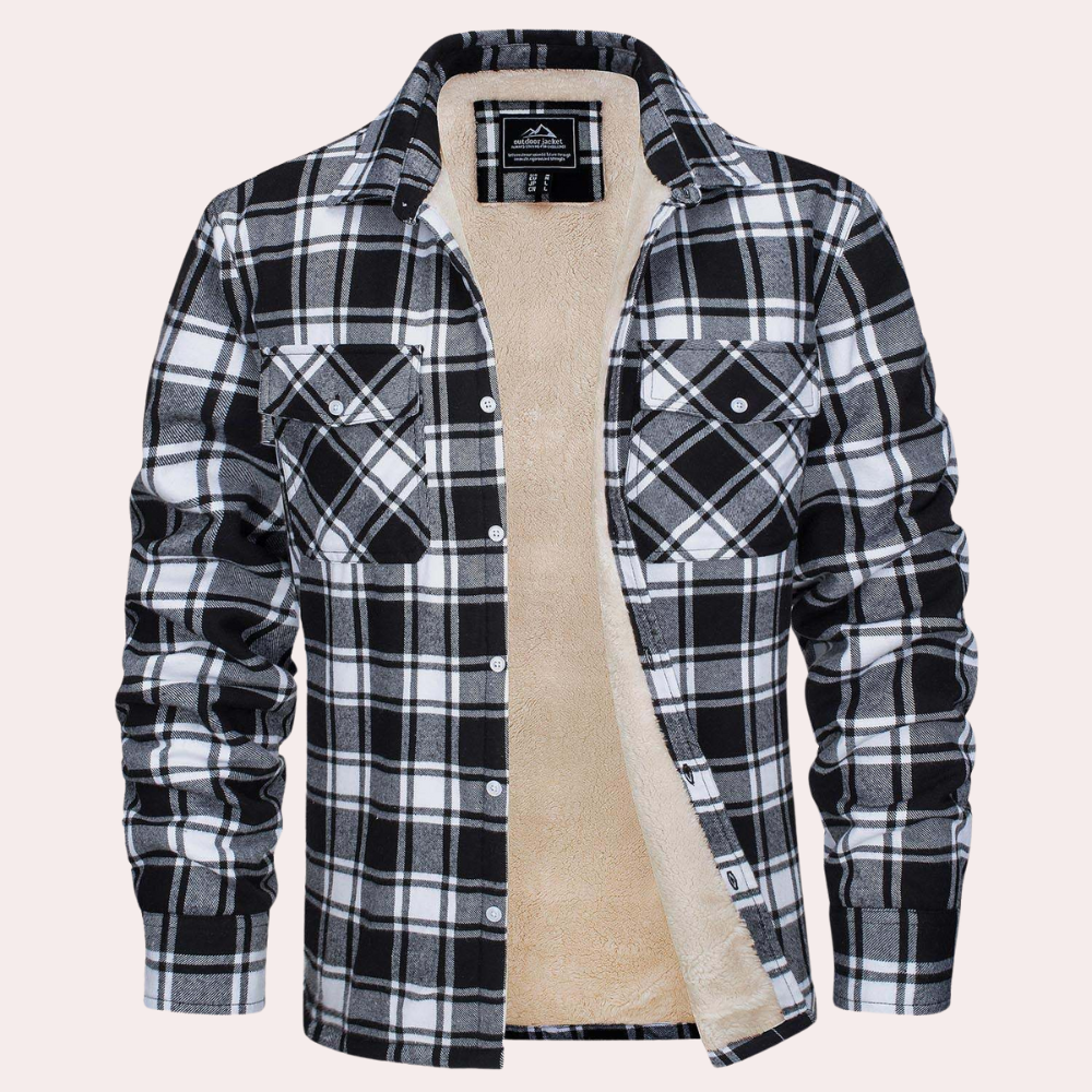 Zwart-wit geruite flanellen overhemdjas met knopen, gevoerd met warme fleece. Perfect voor herenmode, winterkleding en casual stijl.