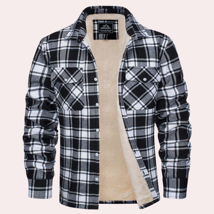 Zwart-wit geruite flanellen overhemdjas met knopen, gevoerd met warme fleece. Perfect voor herenmode, winterkleding en casual stijl.