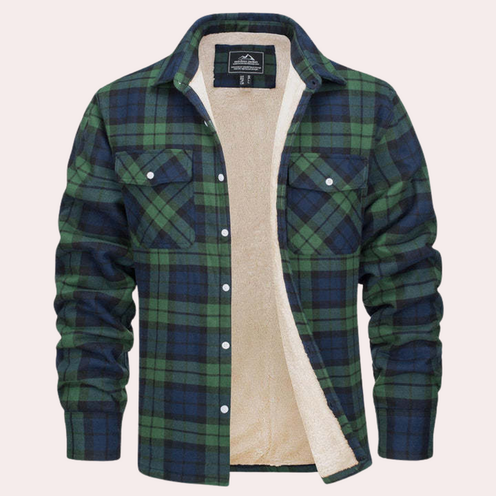 Groen geruite flanellen jas met knopen, gevoerd met warme fleece. Perfect voor herfst- en wintermode. Comfortabele en stijlvolle herenbuitenjas.