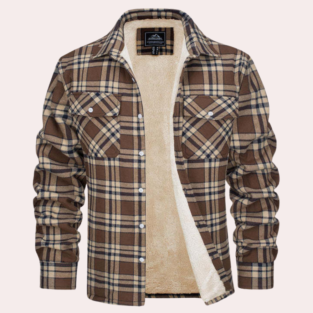 Khaki geruite flanellen overhemdjas met knopen, gevoerd met warme fleece. Perfect voor herfst- en wintermode. Comfortabele en stijlvolle herenbovenkleding.