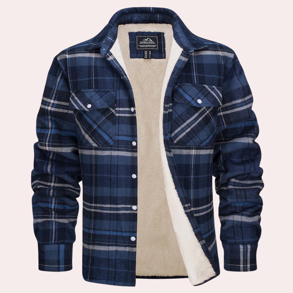 Blauw geruite herenoverhemd met knopen, gevoerd met warme fleece. Perfect voor wintermode, casual stijl en comfort.