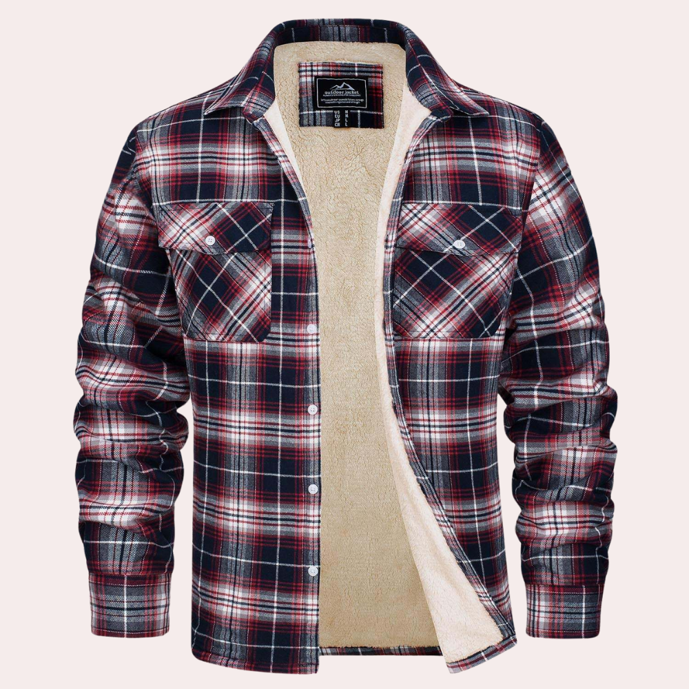 Wijnrode geruite flanellen jas met knopen, gevoerd met warme fleece. Perfect voor herfst- en wintermode. Herenkleding, casual stijl.