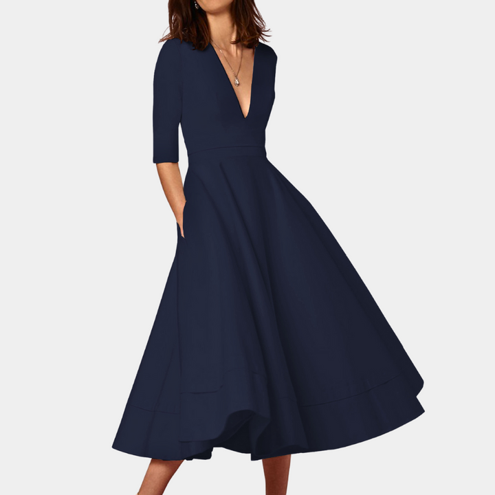 Donkerblauwe midi-jurk met V-hals en driekwart mouwen, elegante avondjurk, perfect voor formele gelegenheden, damesmode.