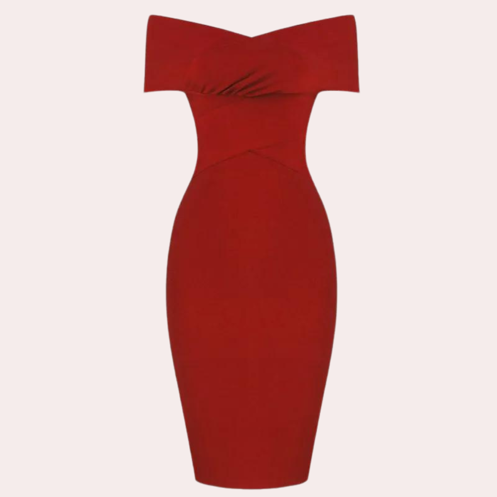 Rode off-shoulder bodycon jurk, elegante avondjurk, nauwsluitend ontwerp, perfecte keuze voor feestjes en speciale gelegenheden.