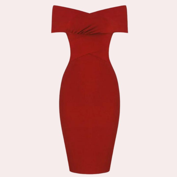 Rode off-shoulder bodycon jurk, elegante avondjurk, nauwsluitend ontwerp, perfecte keuze voor feestjes en speciale gelegenheden.