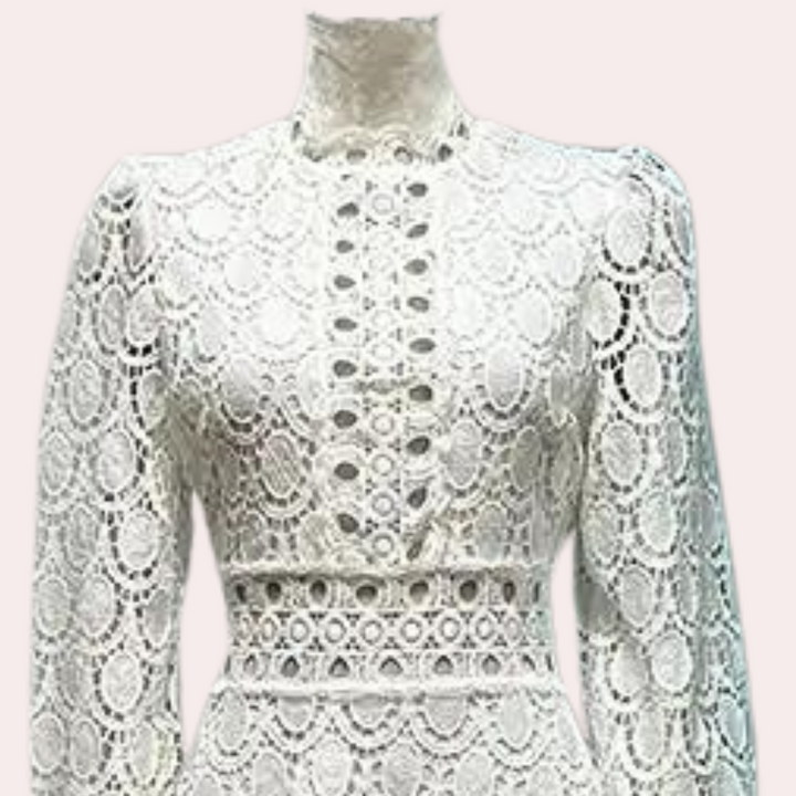 Witte kanten jurk met lange mouwen en hoge hals, gedetailleerd patroon, vintage stijl. Perfect voor bruiloften en speciale gelegenheden.