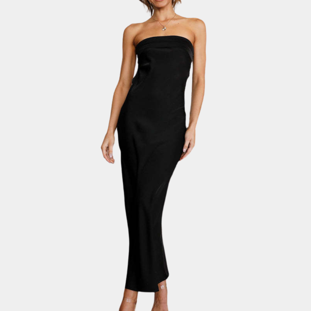 Strapless zwarte maxi-jurk, elegante avondjurk, minimalistisch ontwerp, geschikt voor formele gelegenheden, modieuze dameskleding.
