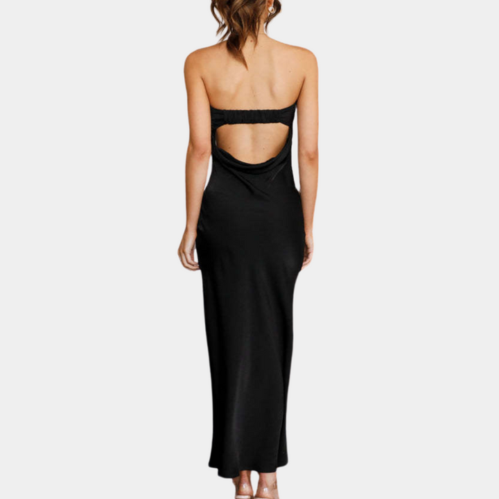 Zwarte strapless jurk met open rug, elegante avondjurk, vloerlengte, geschikt voor formele gelegenheden, modieuze dameskleding.