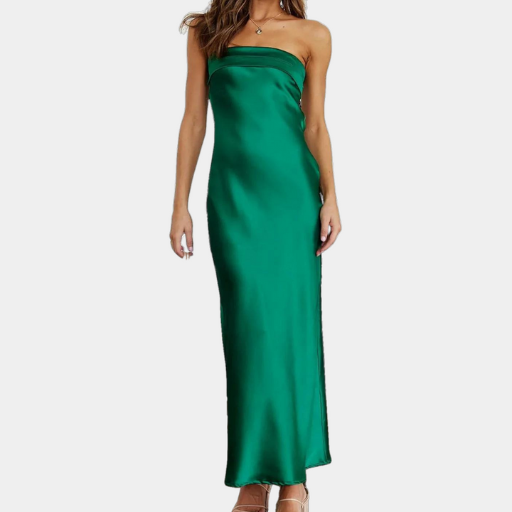 Groene satijnen strapless jurk, elegante avondjurk, vloerlengte, geschikt voor formele gelegenheden, modieuze dameskleding, trendy mode.