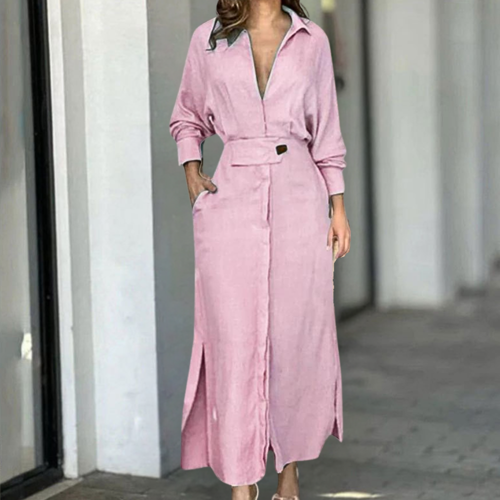 Roze damesjurk met lange mouwen, kraag en knoopsluiting, geschikt voor casual en formele gelegenheden. Trendy mode voor vrouwen.