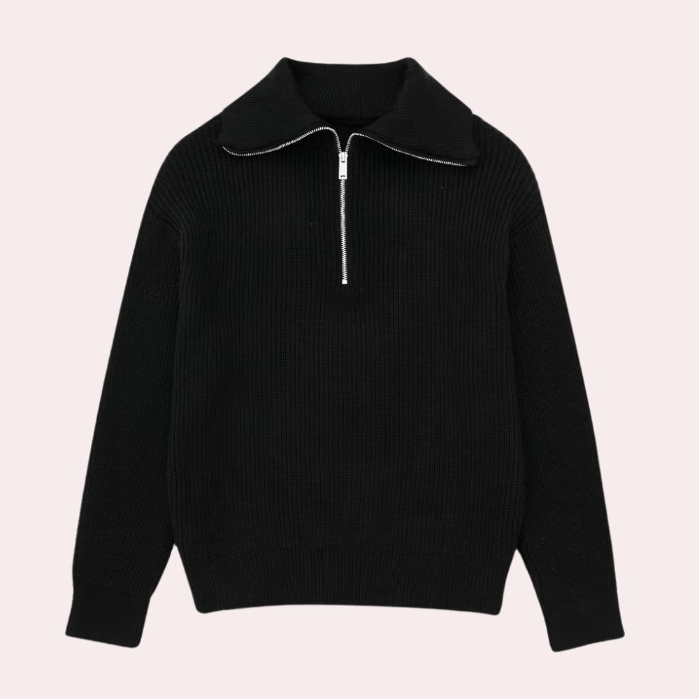 Zwarte gebreide trui met halve rits en opstaande kraag, unisex design, ideaal voor herfst- en wintermode. Comfortabele en stijlvolle kleding.