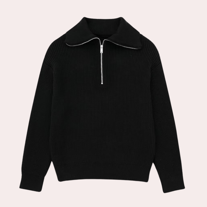 Zwarte gebreide trui met halve rits en opstaande kraag, unisex design, ideaal voor herfst- en wintermode. Comfortabele en stijlvolle kleding.