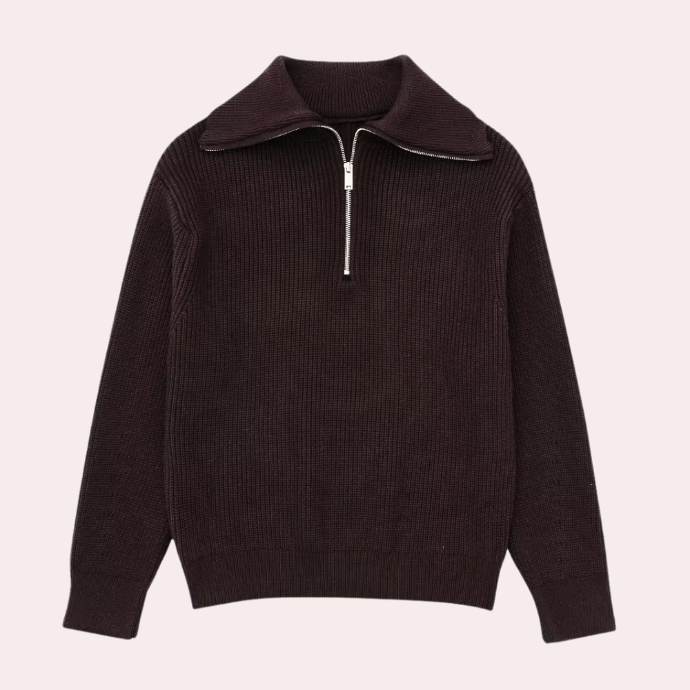 Donkerbruine trui met halve rits en kraag, gebreid ontwerp, uniseks mode, herfst- en winterkleding, comfortabele en stijlvolle pullover.