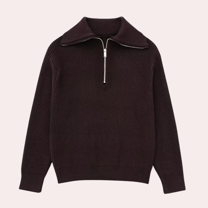 Donkerbruine trui met halve rits en kraag, gebreid ontwerp, uniseks mode, herfst- en winterkleding, comfortabele en stijlvolle pullover.