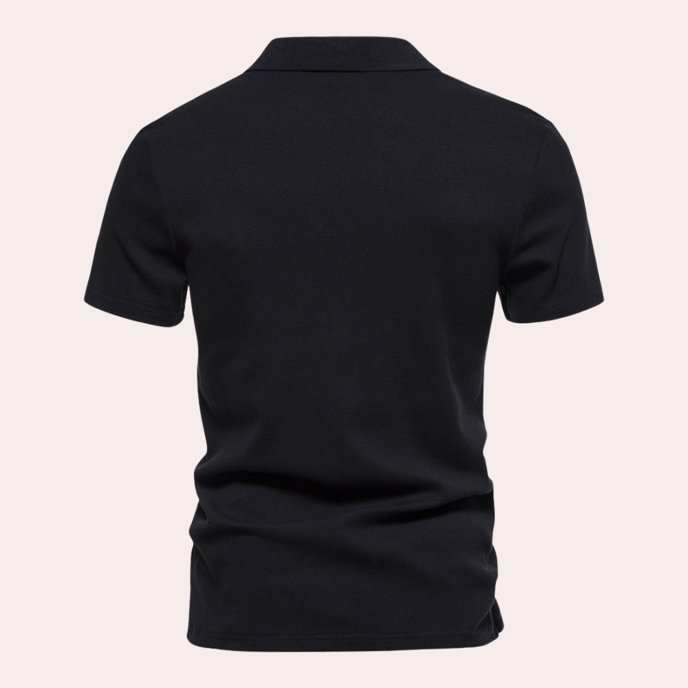 Zwarte polo heren T-shirt, korte mouwen, klassieke kraag, effen ontwerp, casual stijl, geschikt voor dagelijks gebruik en diverse gelegenheden.