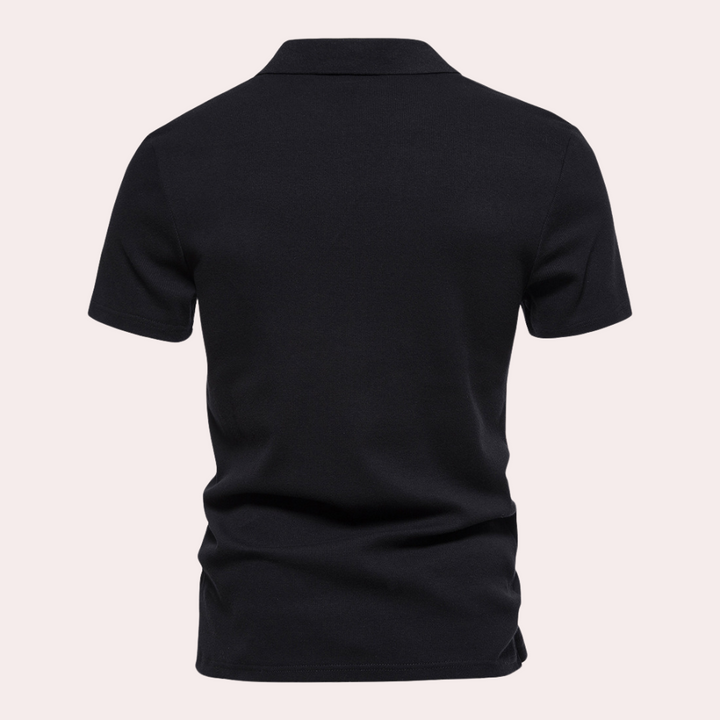 Zwarte polo heren T-shirt, korte mouwen, klassieke kraag, effen ontwerp, casual stijl, geschikt voor dagelijks gebruik en diverse gelegenheden.