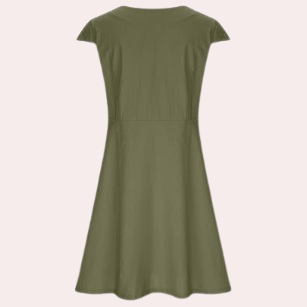 Olijfgroene damesjurk met korte mouwen, A-lijn silhouet en ronde hals. Perfect voor casual en formele gelegenheden. Comfortabele en stijlvolle pasvorm.