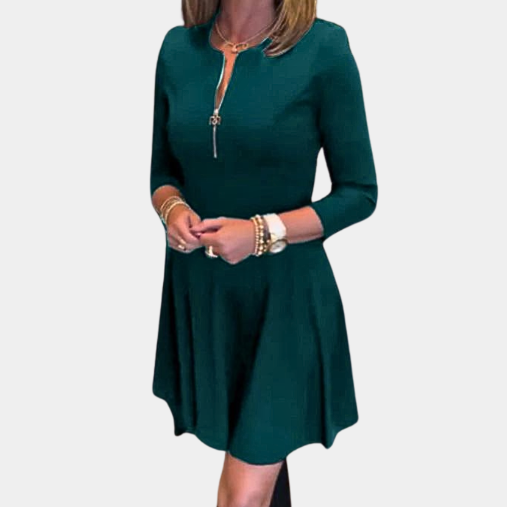 Groene damesjurk met driekwart mouwen en ritssluiting, elegante pasvorm, geschikt voor casual en formele gelegenheden. Trendy modekleding.