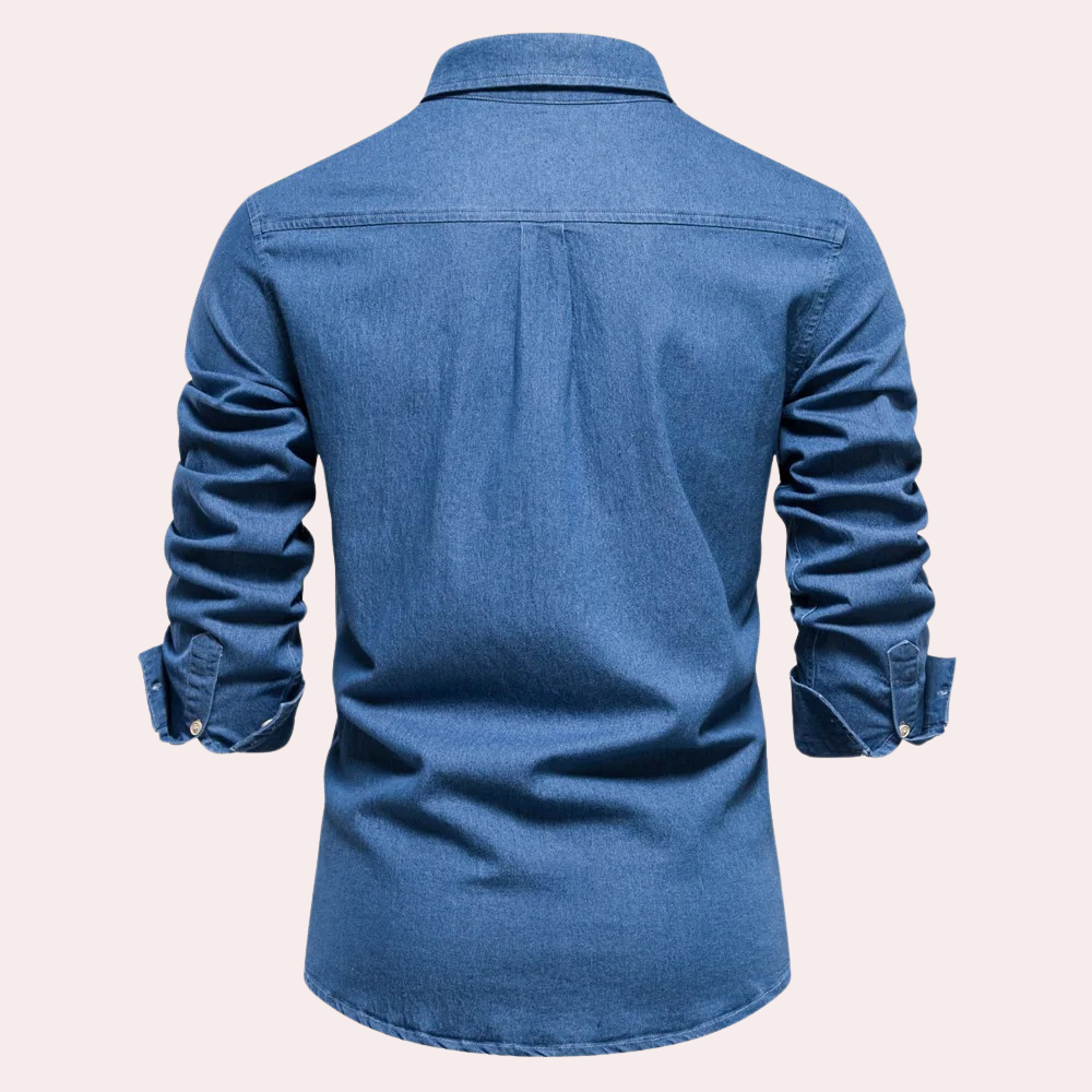 Blauwe denim overhemd voor heren, lange mouwen, casual stijl, knoopsluiting, geschikt voor dagelijks gebruik en modieuze outfits.