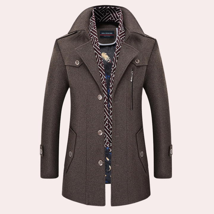 Bruine herenjas met knopen, stijlvolle kraag en zakken, geschikt voor herfst en winter. Hoogwaardige wollen stof, modieus en warm.