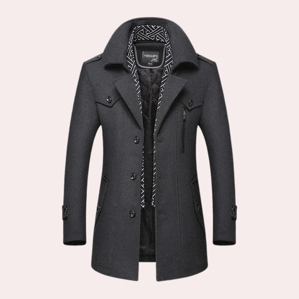 Grijze herenjas met knopen, hoge kraag en stijlvolle voering. Winterjas voor mannen, elegant en warm. Perfect voor formele gelegenheden.