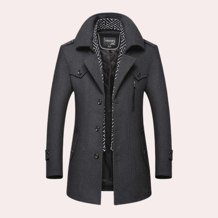 Grijze herenjas met knopen, hoge kraag en stijlvolle voering. Winterjas voor mannen, elegant en warm. Perfect voor formele gelegenheden.