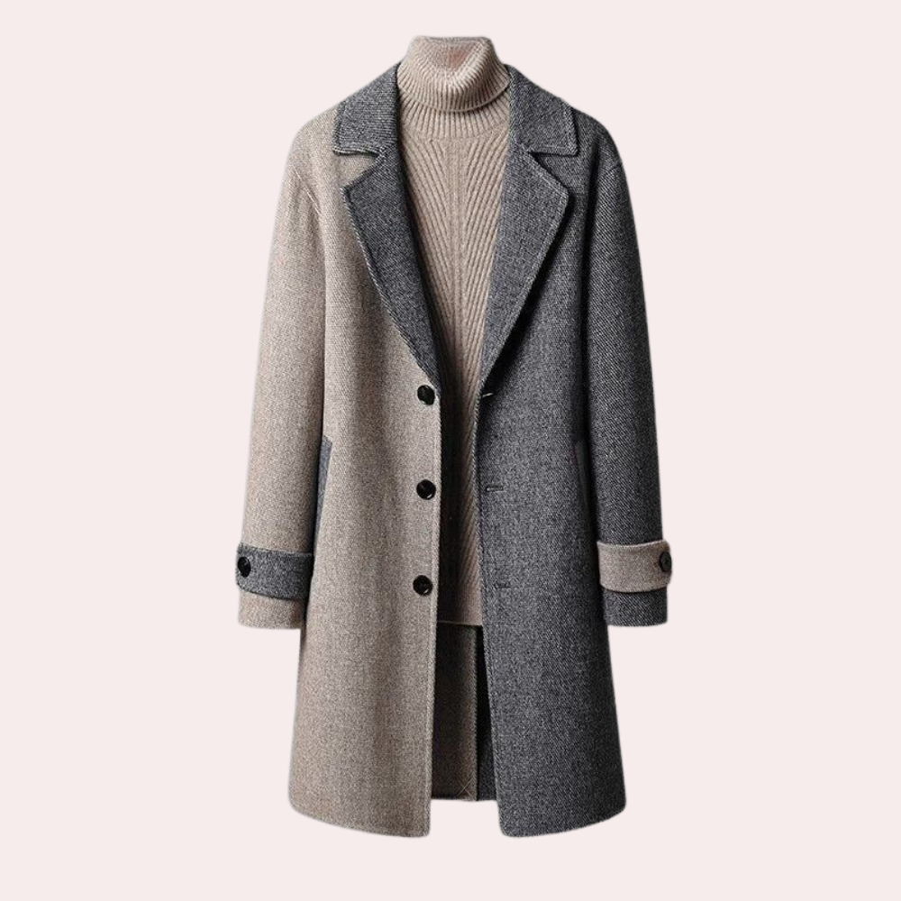 Grijze wollen jas voor heren met knopen en revers, stijlvolle wintermode, warme lange mantel, geschikt voor formele en casual gelegenheden.