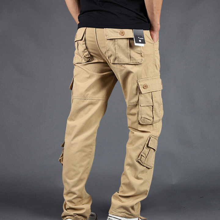 Khaki cargobroek voor heren met meerdere zakken, casual stijl, comfortabele pasvorm. Ideaal voor outdoor activiteiten en dagelijks gebruik.