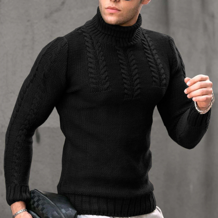 Man in zwarte kabeltrui met col, modieuze herenkleding, wintermode, stijlvolle gebreide trui, casual outfit, trendy herenkleding.