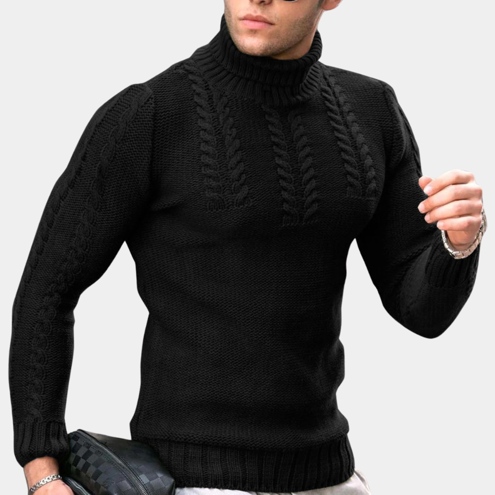 Zwarte kabeltrui voor heren met col, modieus en warm, ideaal voor wintermode. Stijlvolle herentrui, gebreid patroon, casual en elegant.