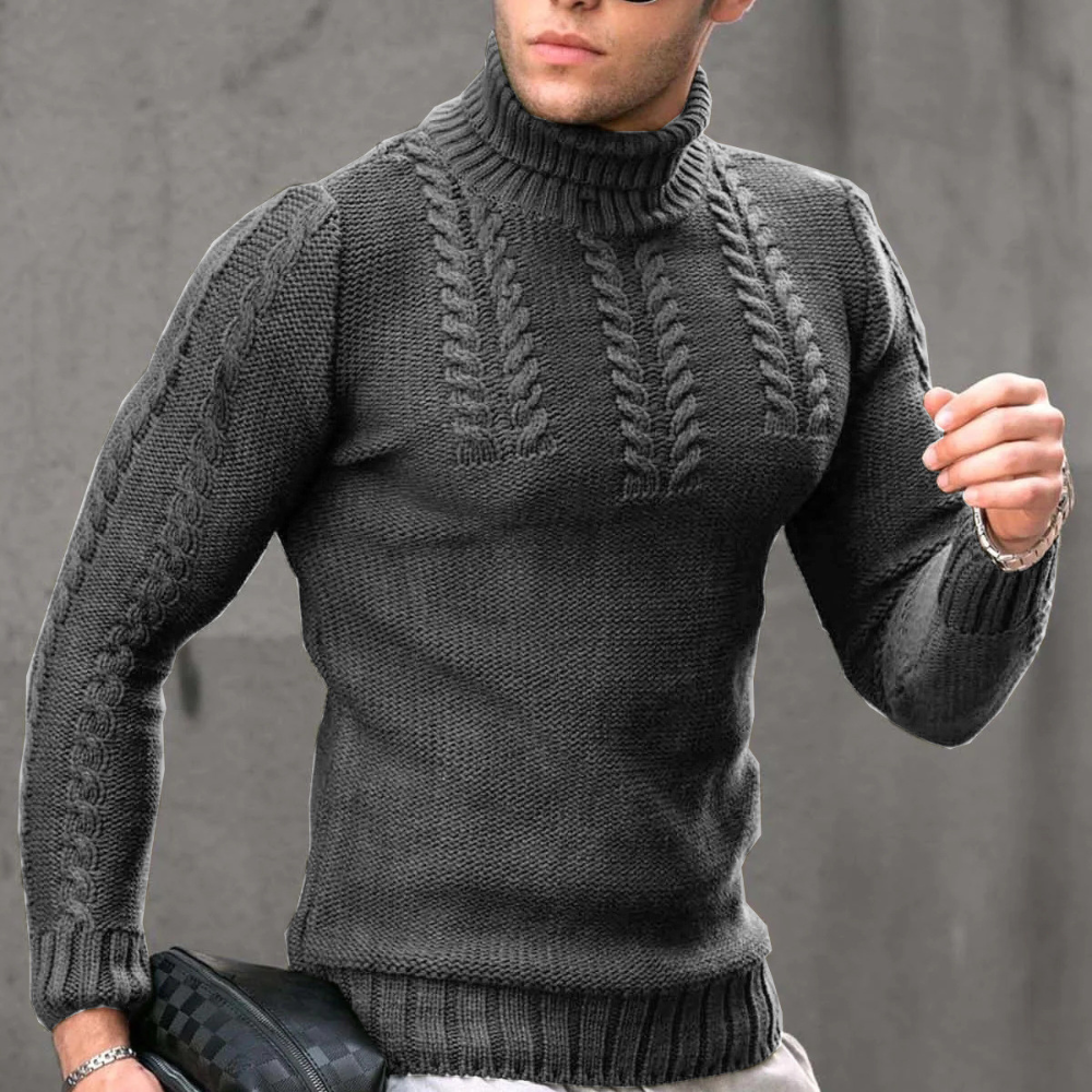 Man in donkergrijze kabeltrui met col, modieuze herenkleding, wintermode, stijlvolle gebreide trui, casual outfit, trendy herenkleding.