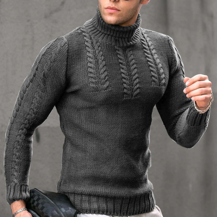 Man in donkergrijze kabeltrui met col, modieuze herenkleding, wintermode, stijlvolle gebreide trui, casual outfit, trendy herenkleding.