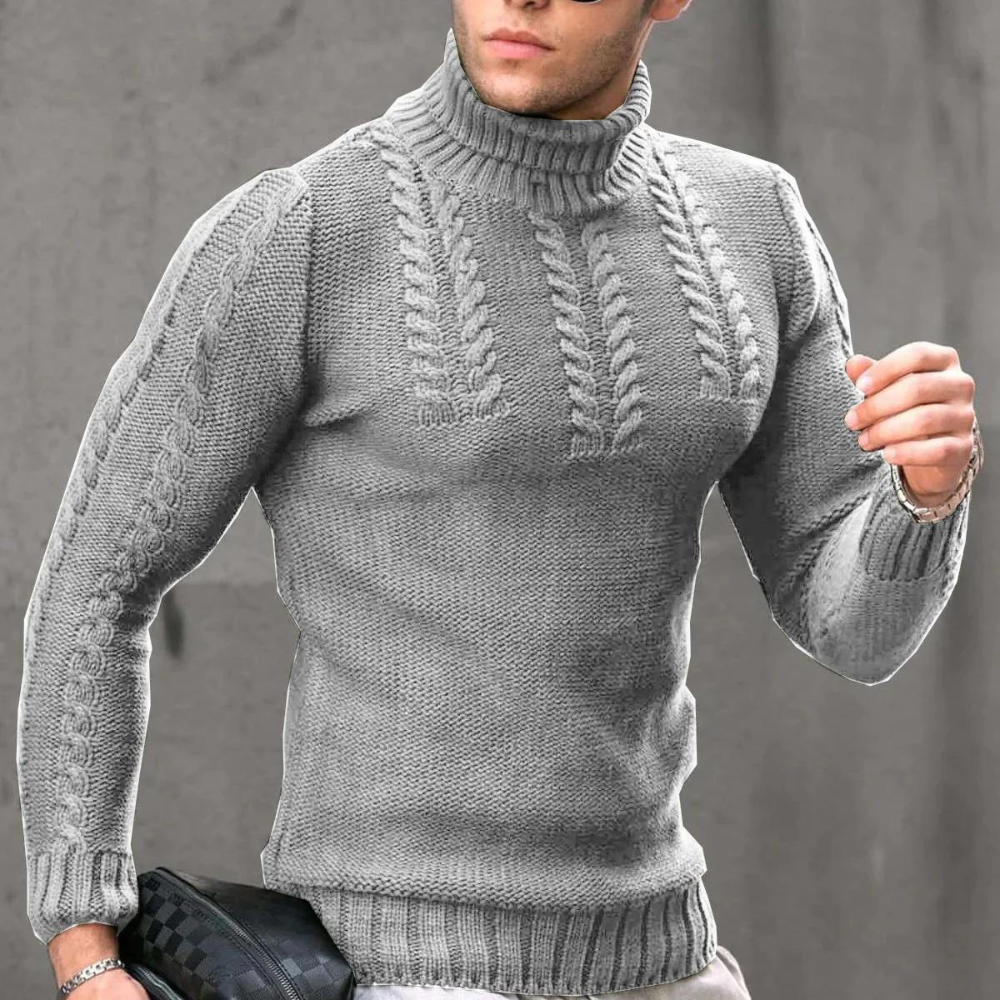 Grijze gebreide trui met kabelpatroon, coltrui voor heren. Stijlvolle wintermode, warme herenkleding, casual en elegant ontwerp.
