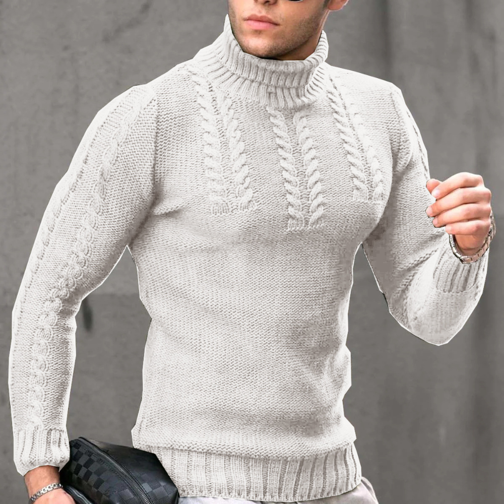 Witte kabeltrui voor heren met col, gebreid patroon en lange mouwen. Stijlvolle wintermode, ideaal voor casual en formele gelegenheden.