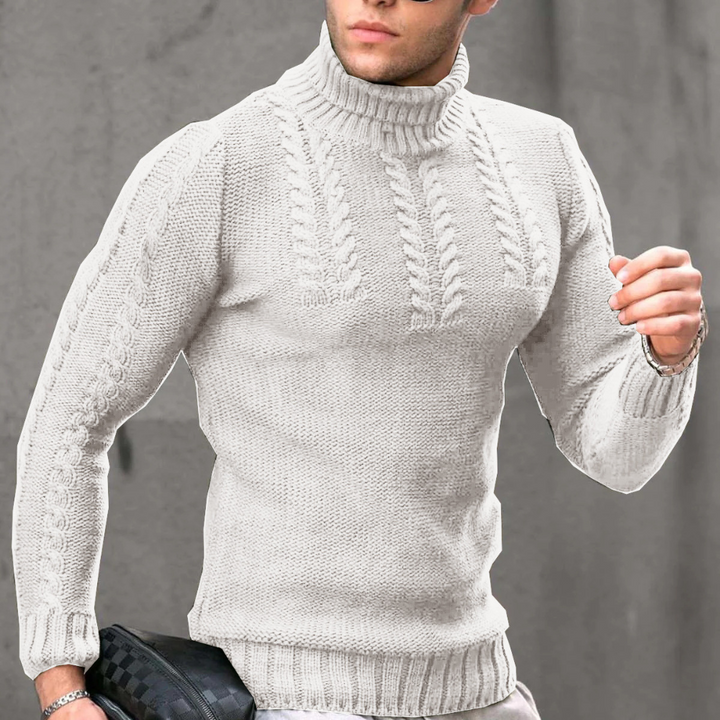 Witte kabeltrui voor heren met col, gebreid patroon en lange mouwen. Stijlvolle wintermode, ideaal voor casual en formele gelegenheden.