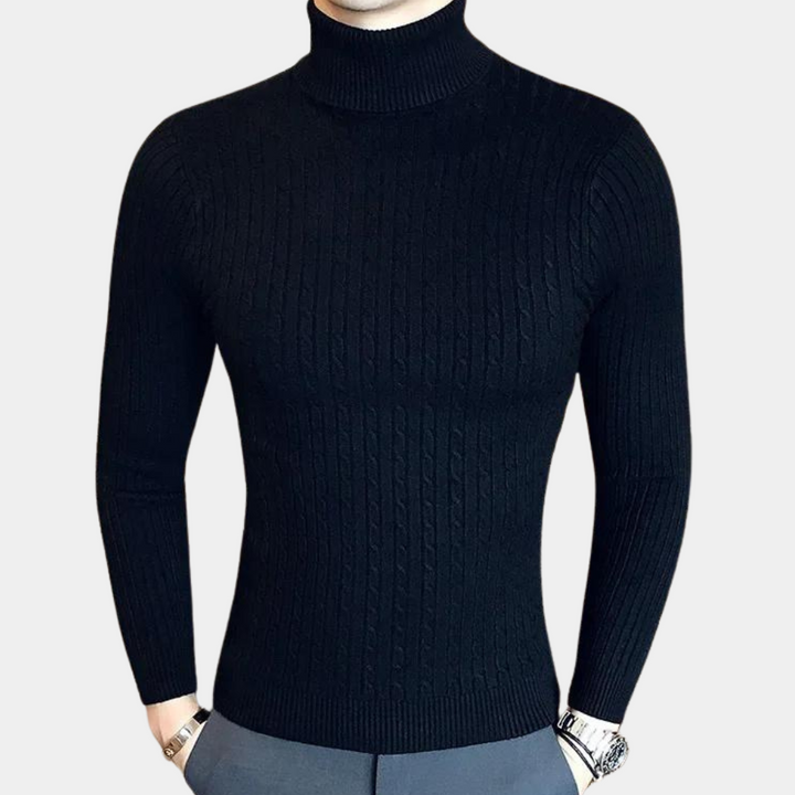 Zwarte coltrui heren, kabelgebreid, lange mouwen, stijlvolle wintermode, casual en formele kleding, comfortabele pasvorm, modetrend.