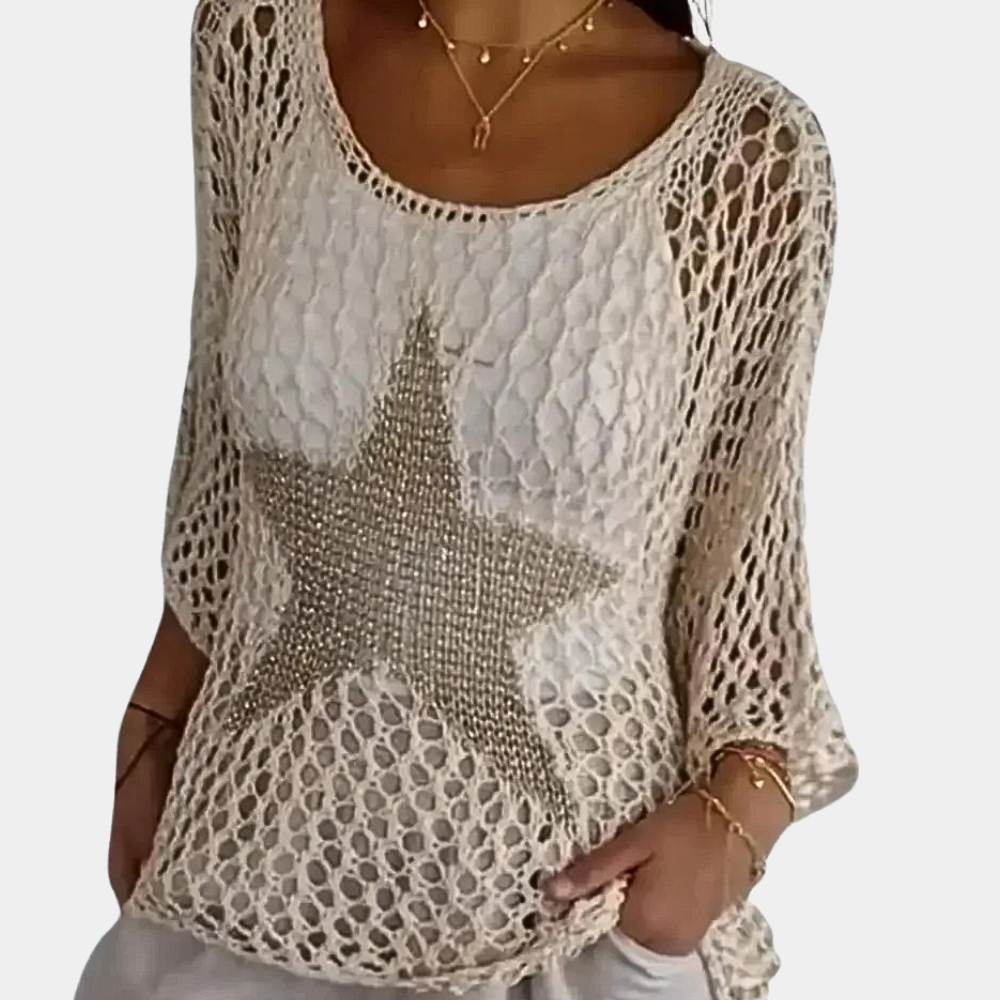 Dames gebreide trui met sterontwerp, beige kleur, luchtig patroon, casual mode, perfect voor lente en zomer, trendy dameskleding.