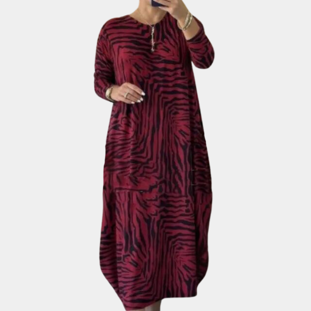 Rode damesjurk met zebraprint, lange mouwen en losse pasvorm. Trendy mode, comfortabele casual stijl, perfect voor dagelijks gebruik.