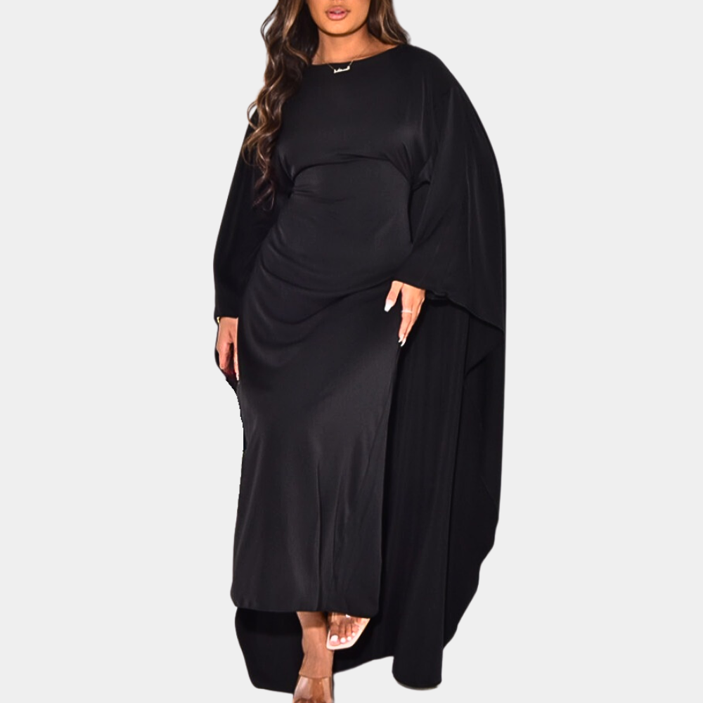 Zwarte maxi-jurk met lange mouwen, elegante avondjurk, vloeiende stof, geschikt voor formele gelegenheden, modieuze dameskleding.